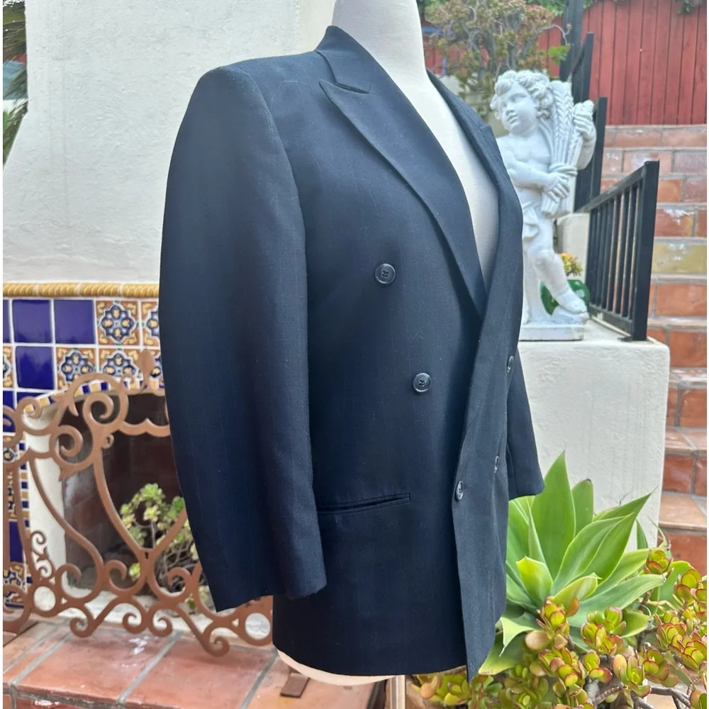 VTG Christian Dior Boyfriend Strip Double Breasted Wool Poly Jacket Coat Size S